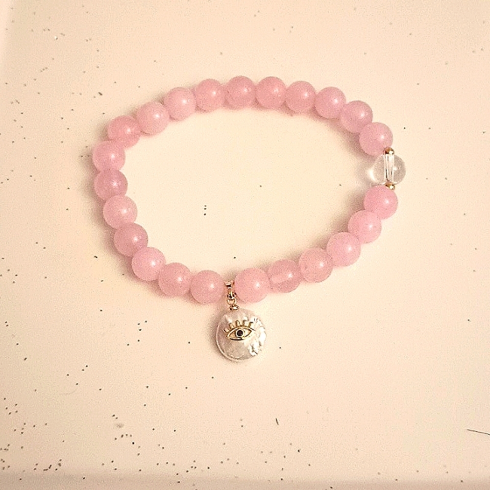 MJ ROSE QUARTZ NATURAL STONES BRACELET WITH EVIL EYE GOLD PLATED PENDANT